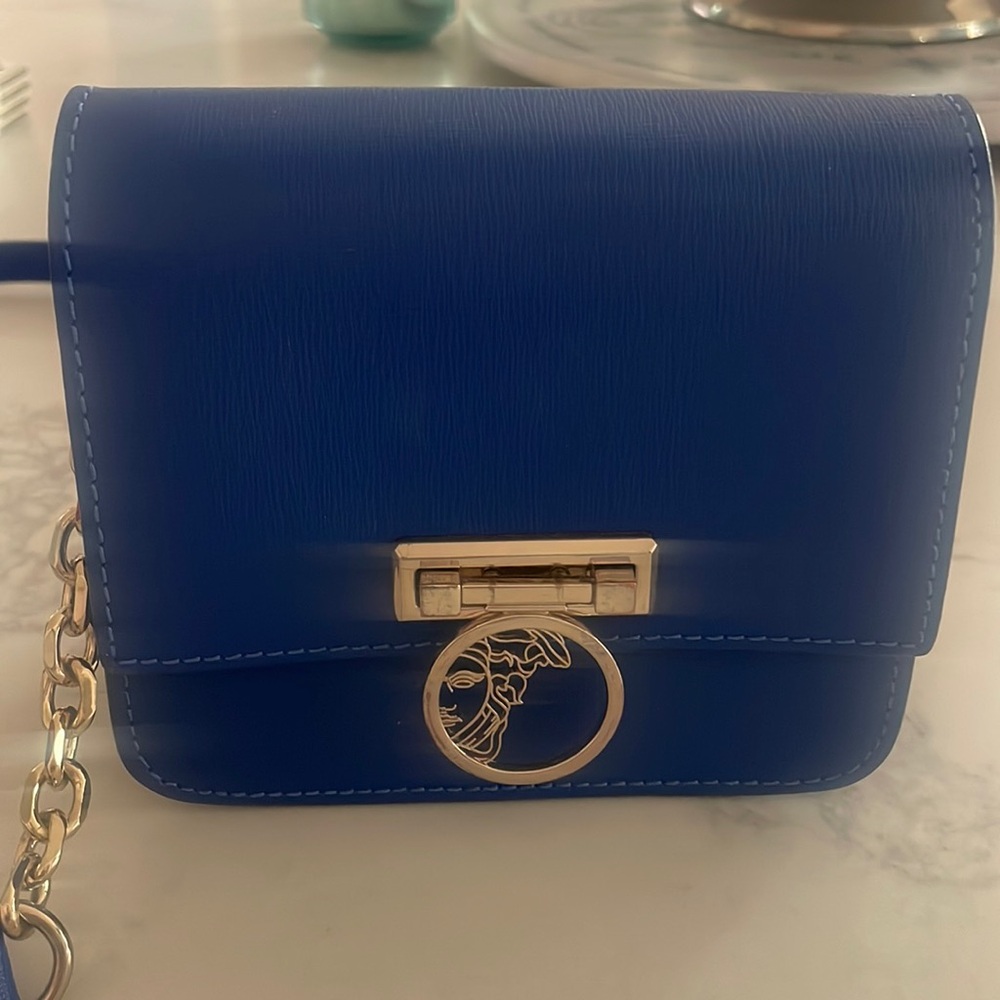 Authentic blue leather, mini Crossbody by Versace